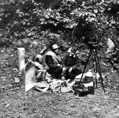 Photographers and their equipment on an expedition to photograph the interior of Mammoth Cave, from the series Magnesium Light Views in Mammoth Cave, 1866 by American Photographer